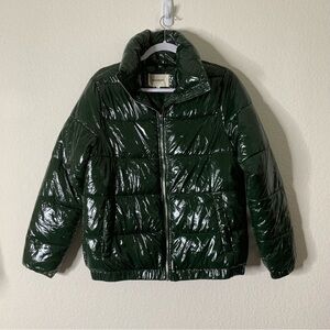 Crissrexo Women's green Shiny Puffer Jacket Quilted  Zip Stand Collar Small